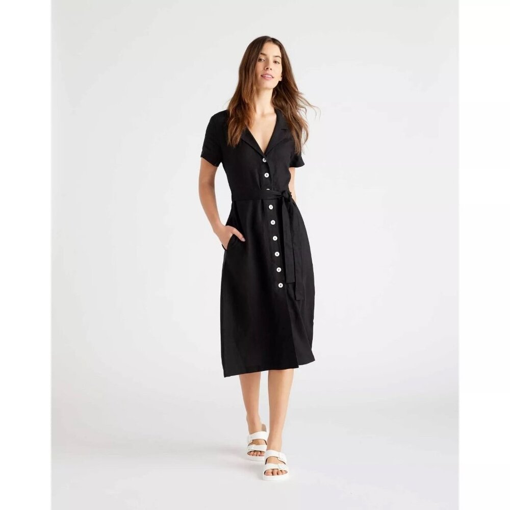 NWT  Quince Women's  100% European Linen Button Front Dress  Black  Size S